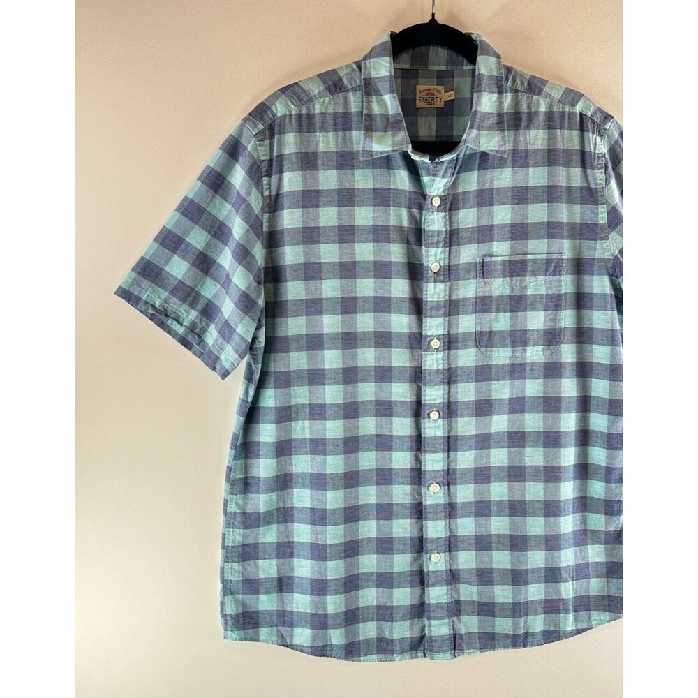 Faherty Mens Button Up Shirt Blue Ventura Short Sleeve Linen Plaid Stretch Large - Picture 5 of 10